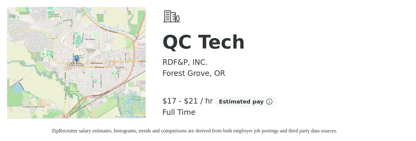 RDF&P, INC. job posting for a QC Tech in Forest Grove, OR with a salary of $18 to $22 Hourly with a map of Forest Grove location.