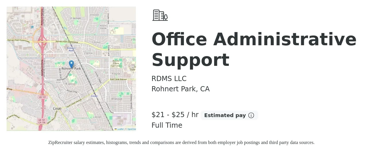 RDMS LLC job posting for a Office Administrative Support in Rohnert Park, CA with a salary of $22 to $27 Hourly with a map of Rohnert Park location.