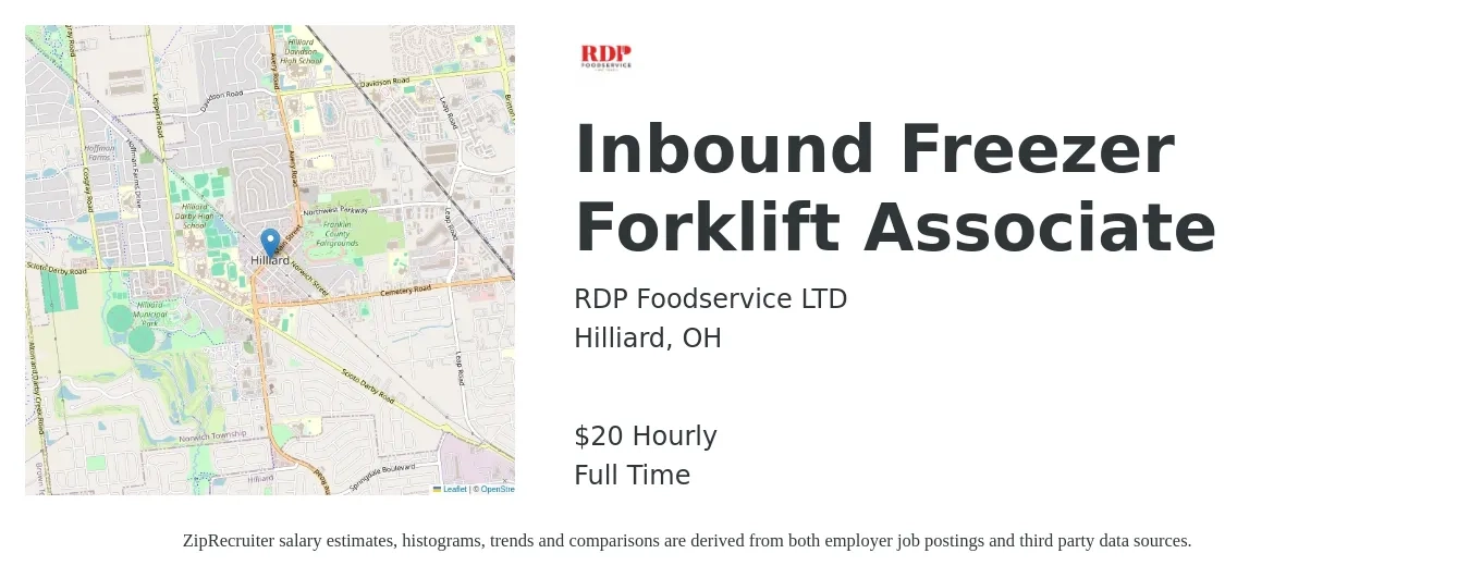 RDP Foodservice LTD job posting for a Inbound Freezer Forklift Associate in Hilliard, OH with a salary of $21 Hourly with a map of Hilliard location.