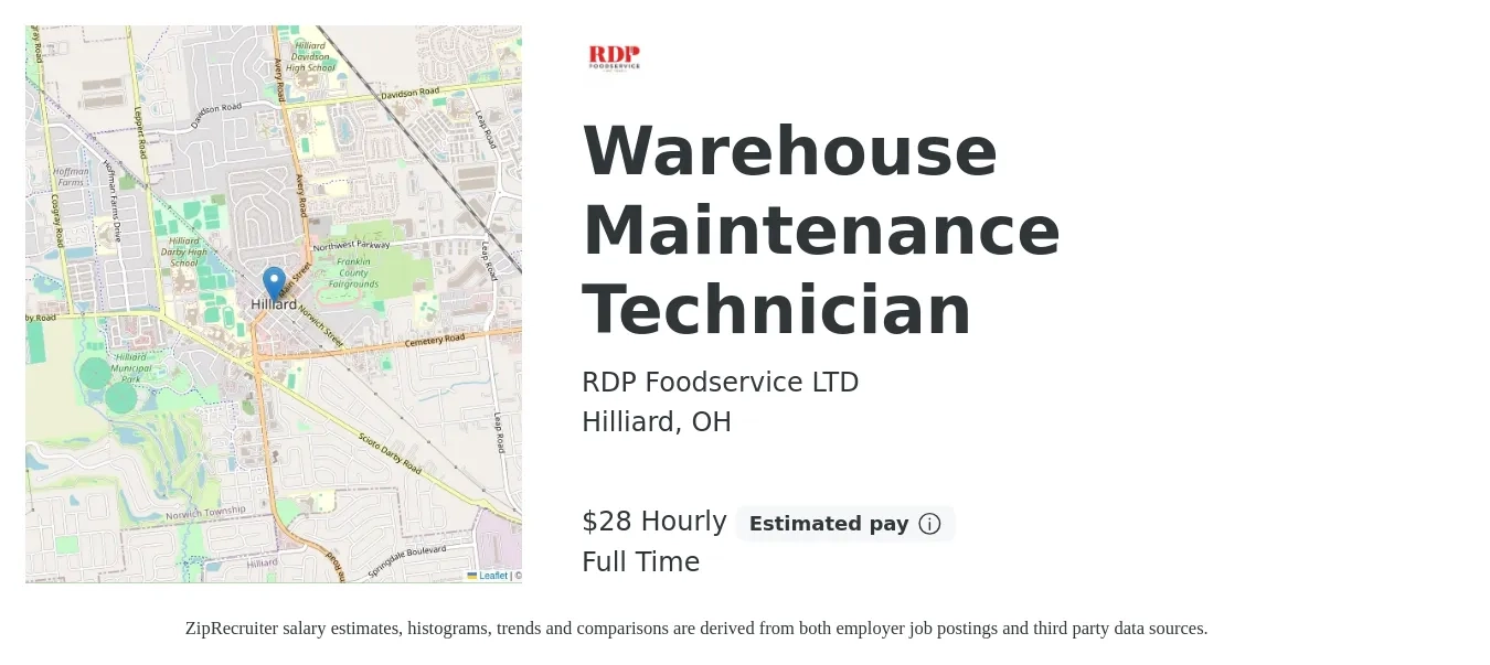 RDP Foodservice LTD job posting for a Warehouse Maintenance Technician in Hilliard, OH with a salary of $30 Hourly with a map of Hilliard location.