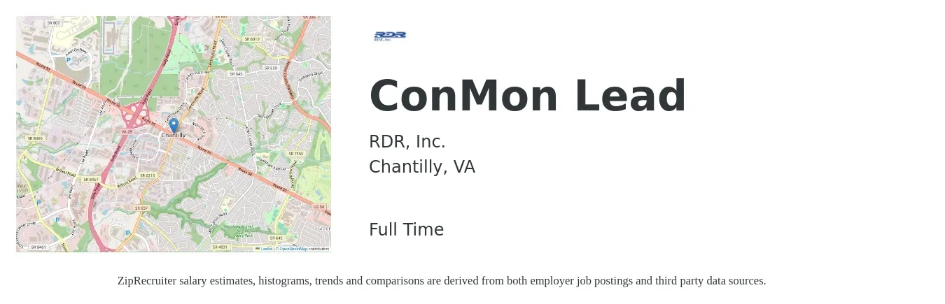 RDR, Inc. job posting for a ConMon Lead in Chantilly, VA with a salary of $16 to $26 Hourly with a map of Chantilly location.