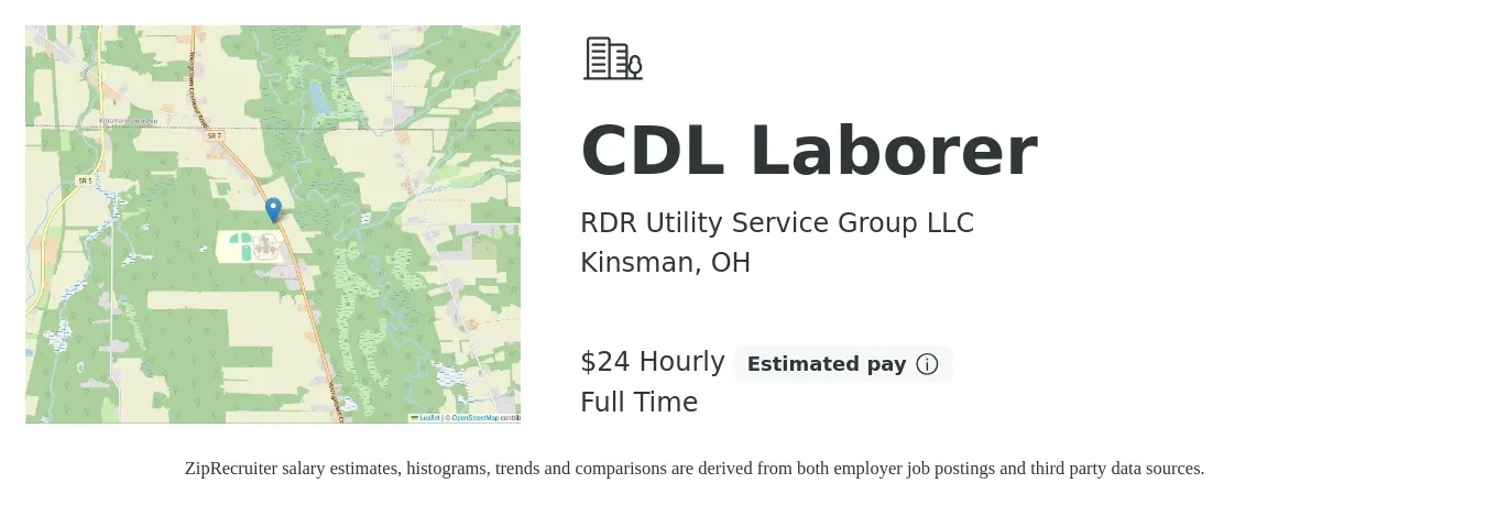 RDR Utility Service Group LLC job posting for a CDL Laborer in Kinsman, OH with a salary of $25 Hourly with a map of Kinsman location.