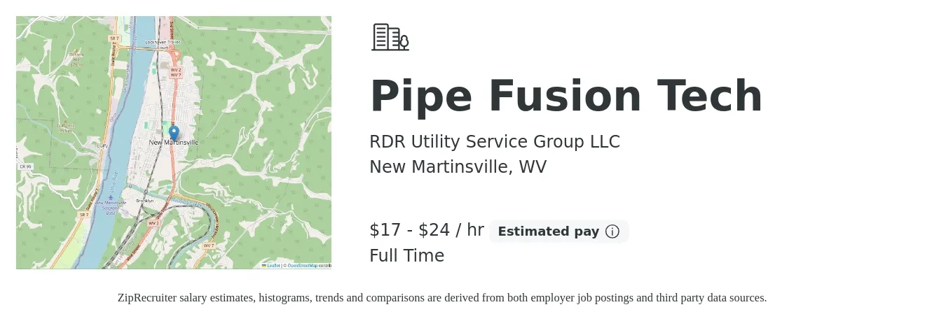 RDR Utility Service Group LLC job posting for a Pipe Fusion Tech in New Martinsville, WV with a salary of $18 to $25 Hourly with a map of New Martinsville location.