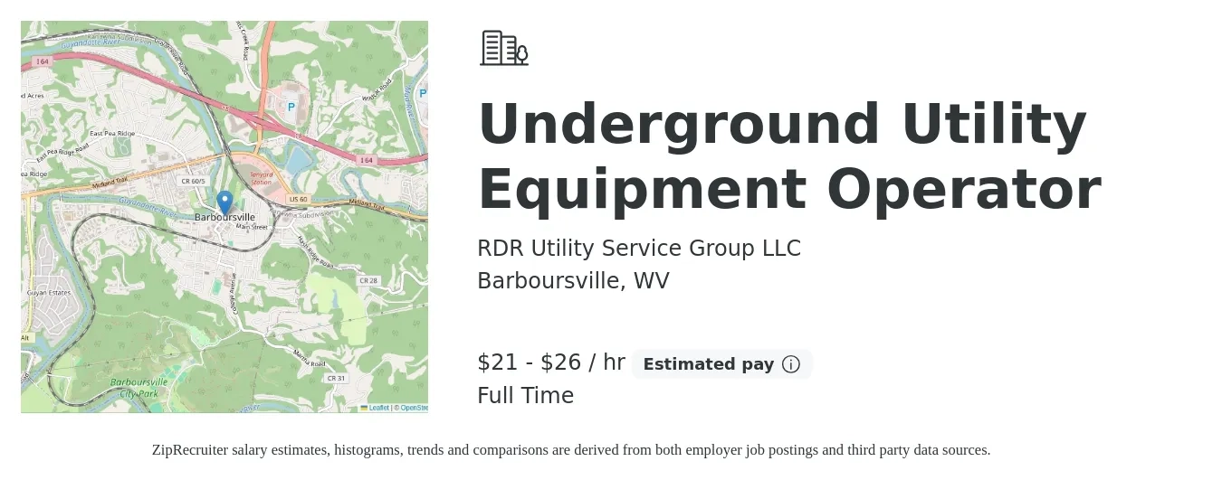 RDR Utility Service Group LLC job posting for a Underground Utility Equipment Operator in Barboursville, WV with a salary of $22 to $28 Hourly with a map of Barboursville location.
