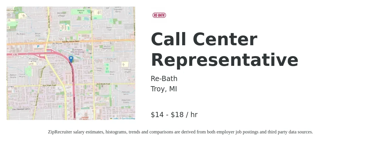 Re-Bath job posting for a Call Center Representative in Troy, MI with a salary of $15 to $19 Yearly with a map of Troy location.