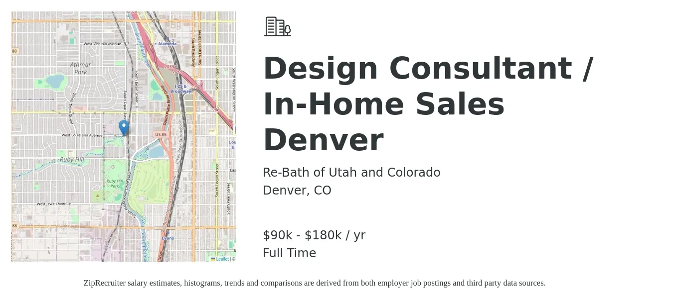 Re-Bath of Utah and Colorado job posting for a Design Consultant / In-Home Sales Denver in Denver, CO with a salary of $90,000 to $180,000 Yearly with a map of Denver location.