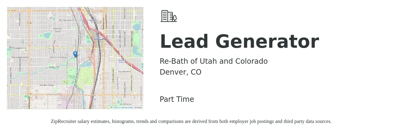 Re-Bath of Utah and Colorado job posting for a Lead Generator in Denver, CO with a salary of $16 to $26 Hourly with a map of Denver location.