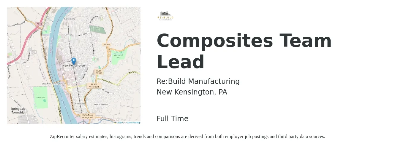 Re:Build Manufacturing job posting for a Composites Team Lead in New Kensington, PA with a salary of $19 to $28 Hourly with a map of New Kensington location.