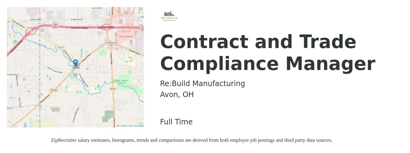 Re:Build Manufacturing job posting for a Contract and Trade Compliance Manager in Avon, OH with a salary of $80,500 to $107,600 Yearly with a map of Avon location.