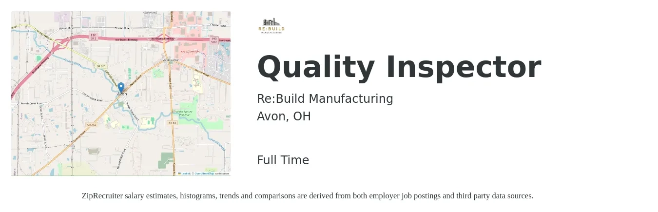 Re:Build Manufacturing job posting for a Quality Inspector in Avon, OH with a salary of $18 to $28 Hourly with a map of Avon location.