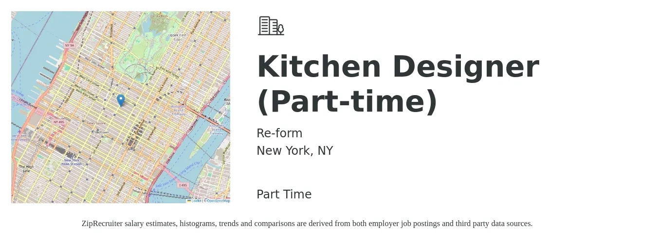 Reform job posting for a Kitchen Designer (Part-time) in New York, NY with a salary of $30 Hourly with a map of New York location.