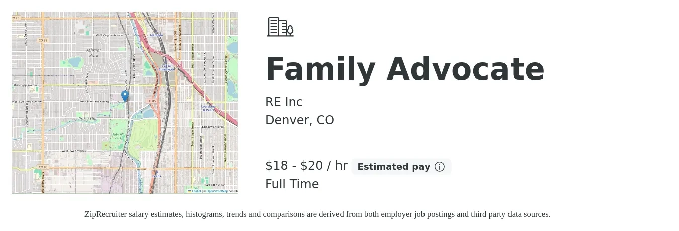 RE Inc job posting for a Family Advocate in Denver, CO with a salary of $19 to $21 Hourly with a map of Denver location.