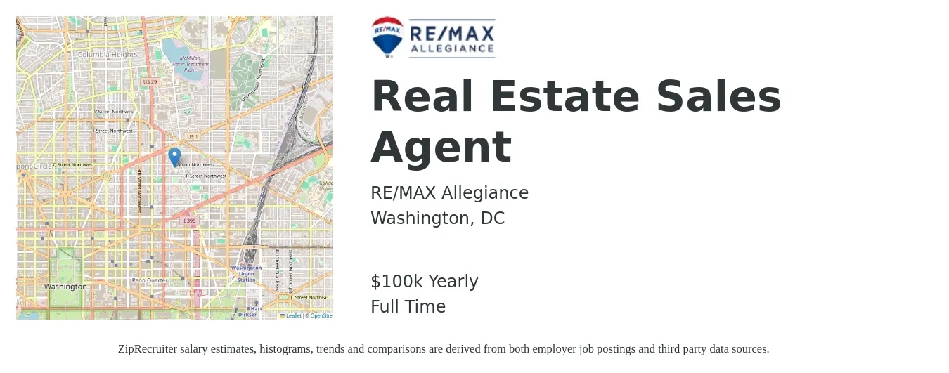 RE/MAX Allegiance job posting for a Real Estate Sales Agent in Washington, DC with a salary of $100,000 Yearly with a map of Washington location.