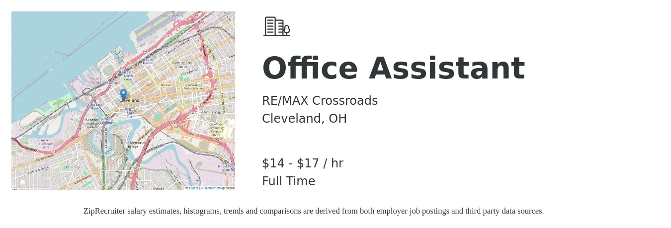 RE/MAX Crossroads job posting for a Office Assistant in Cleveland, OH with a salary of $15 to $18 Hourly with a map of Cleveland location.