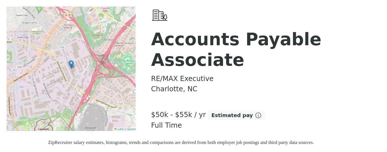 RE/MAX Executive job posting for a Accounts Payable Associate in Charlotte, NC with a salary of $50,000 to $55,000 Yearly with a map of Charlotte location.