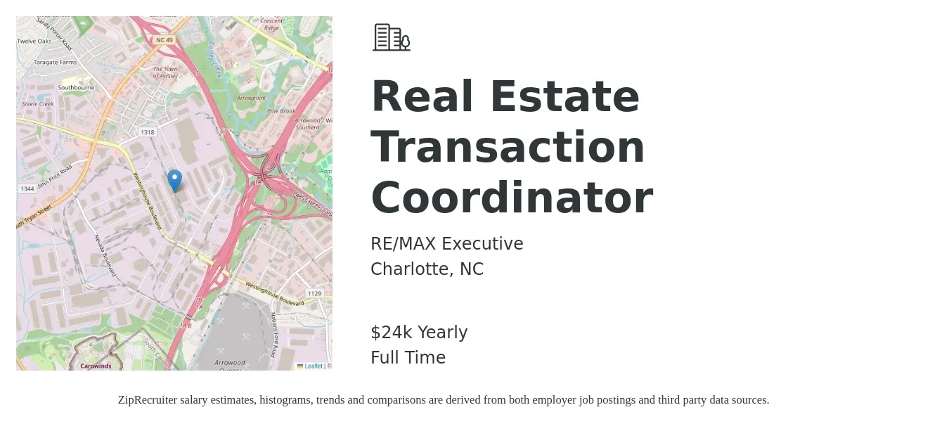 RE/MAX Executive job posting for a Real Estate Transaction Coordinator in Charlotte, NC with a salary of $24,000 Yearly with a map of Charlotte location.