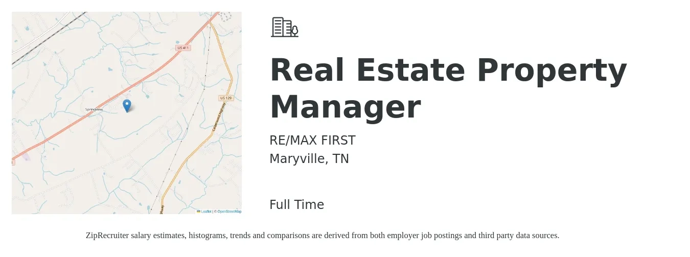 RE/MAX FIRST job posting for a Real Estate Property Manager in Maryville, TN with a salary of $38,300 to $59,200 Yearly with a map of Maryville location.