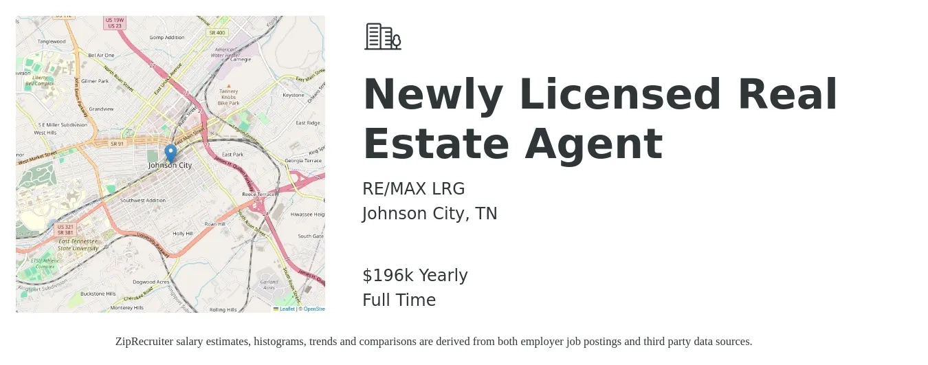 RE/MAX LRG job posting for a Newly Licensed Real Estate Agent in Johnson City, TN with a salary of $196,492 Yearly with a map of Johnson City location.