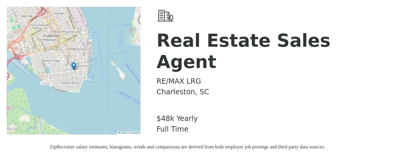 RE/MAX LRG job posting for a Real Estate Sales Agent in Charleston, SC with a salary of $48,227 Yearly with a map of Charleston location.