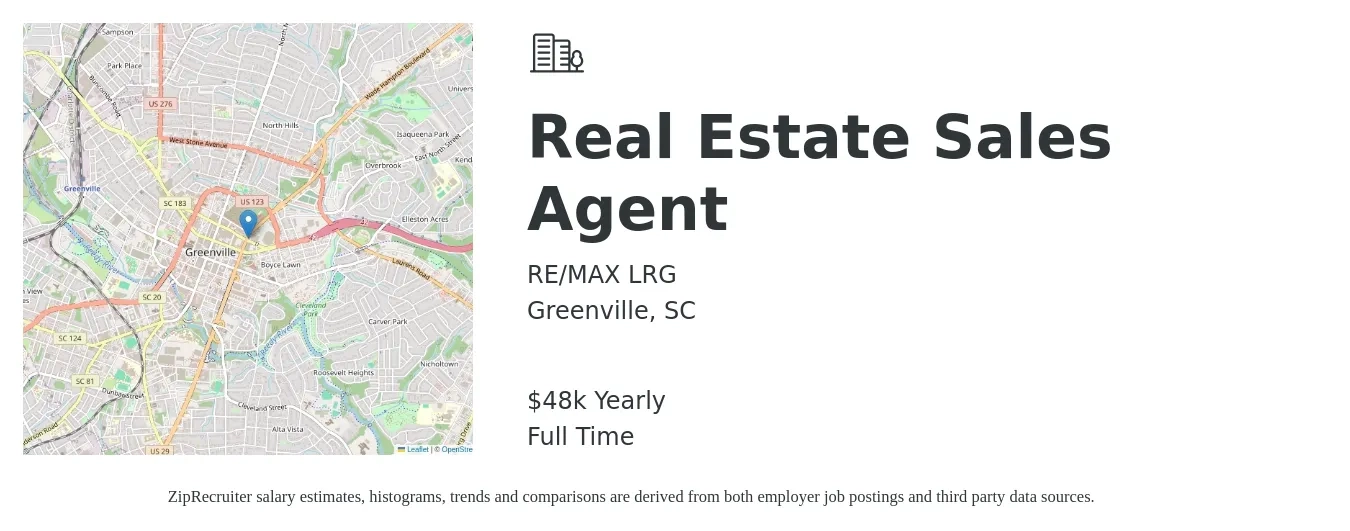 RE/MAX LRG job posting for a Real Estate Sales Agent in Greenville, SC with a salary of $48,227 Yearly with a map of Greenville location.