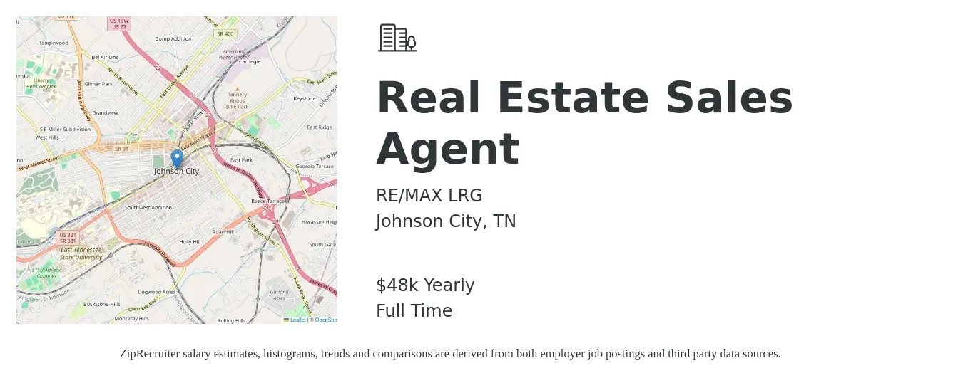 RE/MAX LRG job posting for a Real Estate Sales Agent in Johnson City, TN with a salary of $48,227 Yearly with a map of Johnson City location.
