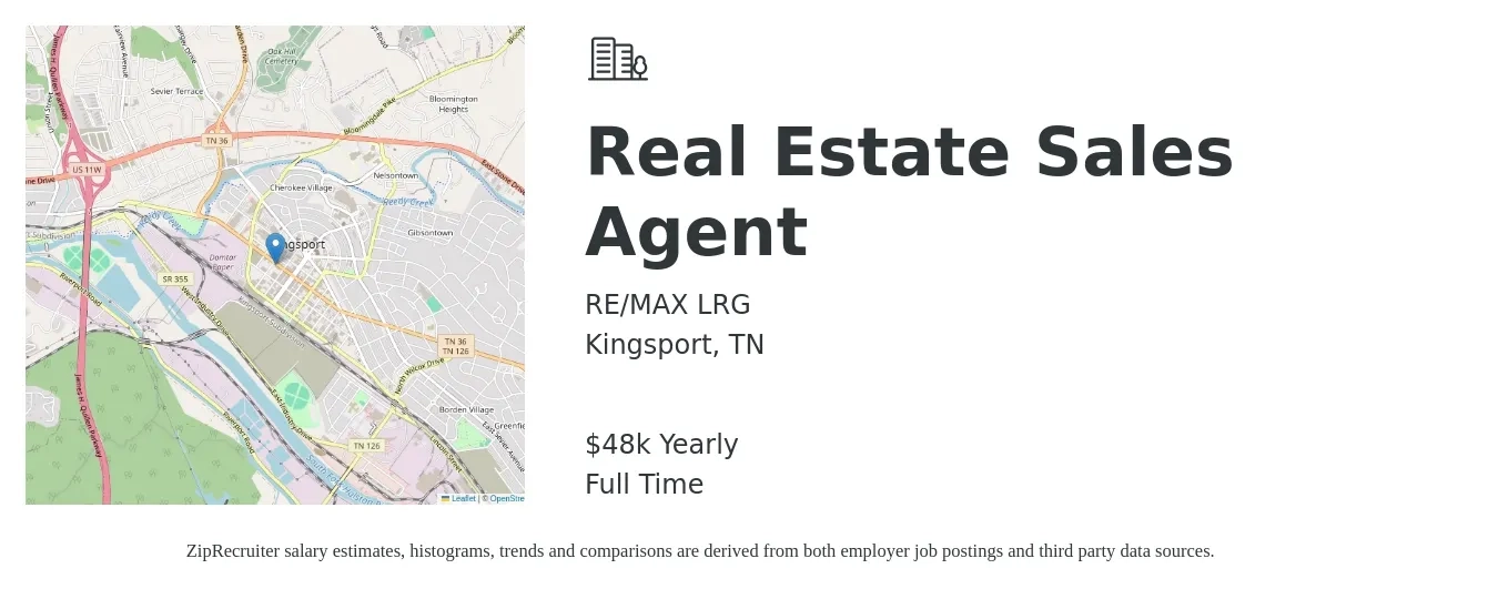 RE/MAX LRG job posting for a Real Estate Sales Agent in Kingsport, TN with a salary of $48,227 Yearly with a map of Kingsport location.