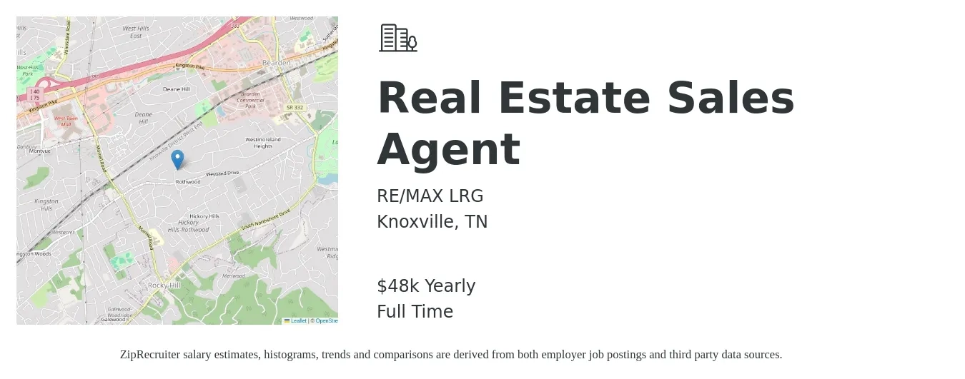 RE/MAX LRG job posting for a Real Estate Sales Agent in Knoxville, TN with a salary of $48,227 Yearly with a map of Knoxville location.