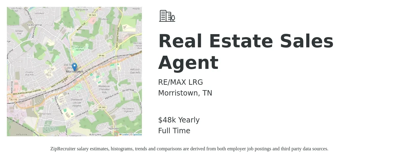 RE/MAX LRG job posting for a Real Estate Sales Agent in Morristown, TN with a salary of $48,227 Yearly with a map of Morristown location.