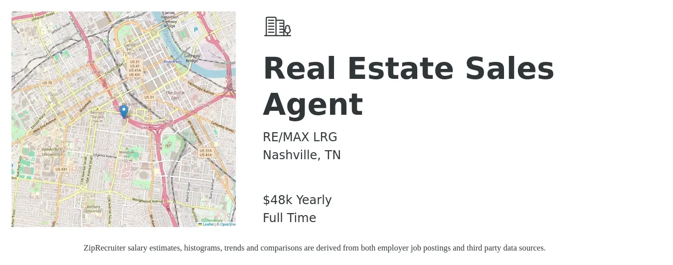 RE/MAX LRG job posting for a Real Estate Sales Agent in Nashville, TN with a salary of $48,227 Yearly with a map of Nashville location.