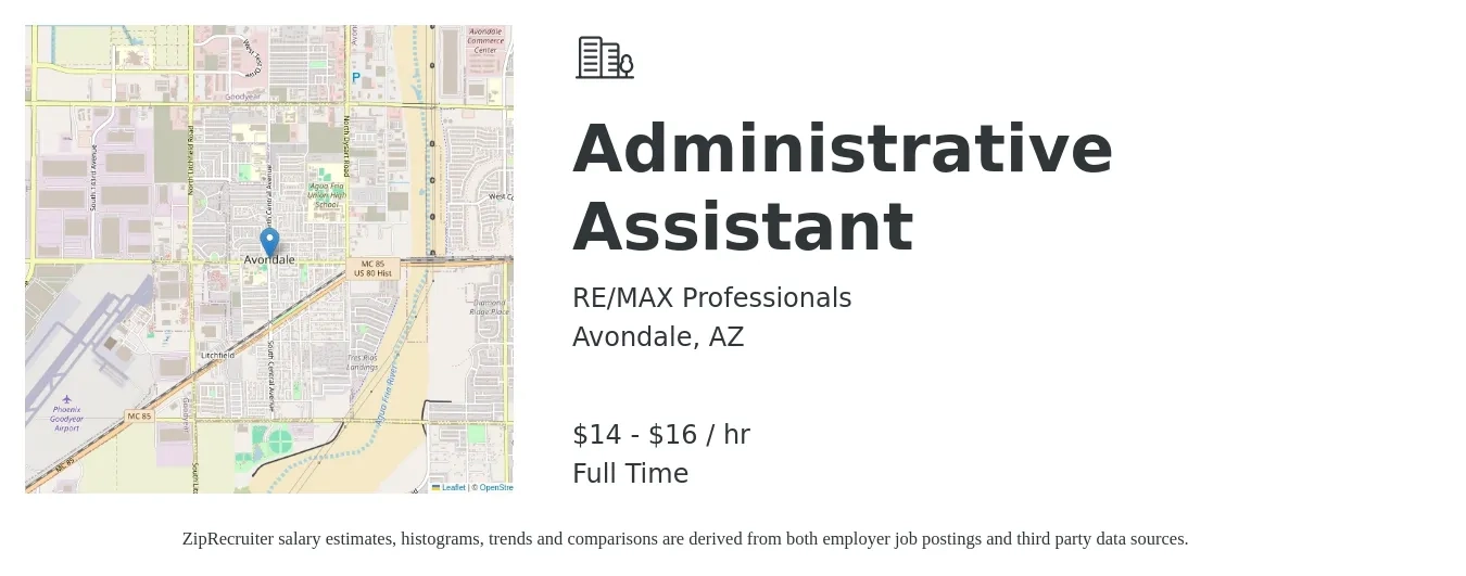 RE/MAX Professionals job posting for a Administrative Assistant in Avondale, AZ with a salary of $15 to $17 Hourly with a map of Avondale location.