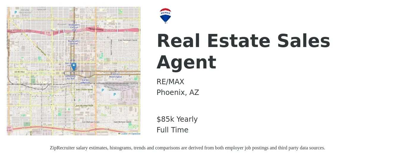 RE/MAX job posting for a Real Estate Sales Agent in Phoenix, AZ with a salary of $85,000 Yearly with a map of Phoenix location.
