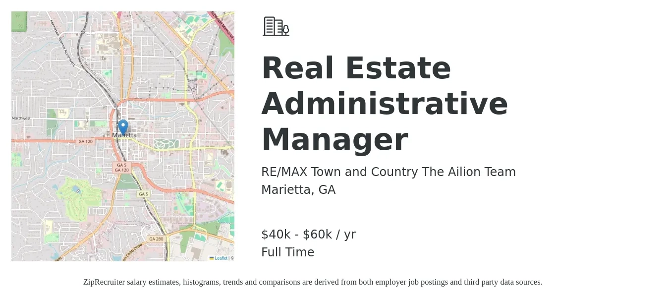 RE/MAX Town and Country The Ailion Team job posting for a Real Estate Administrative Manager in Marietta, GA with a salary of $40,000 to $60,000 Yearly with a map of Marietta location.