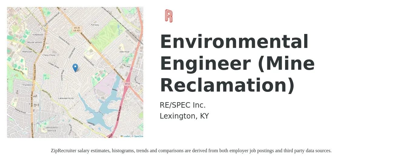 RE/SPEC Inc. job posting for a Environmental Engineer (Mine Reclamation) in Lexington, KY with a salary of $73,100 to $107,800 Yearly with a map of Lexington location.