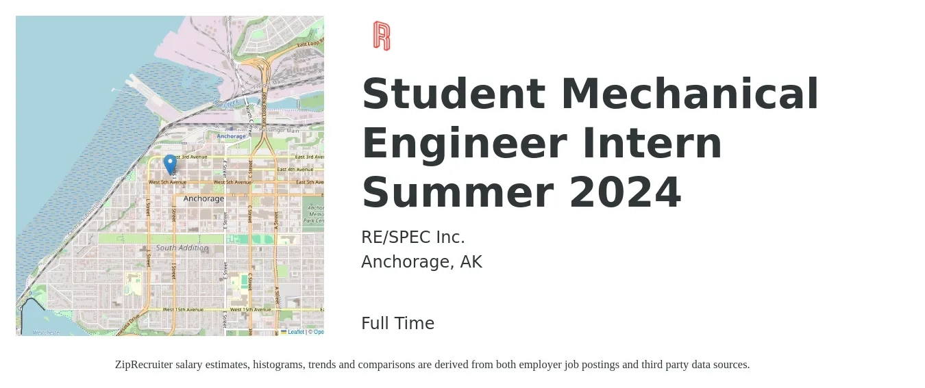 RE/SPEC Inc. job posting for a Student Mechanical Engineer Intern Summer 2024 in Anchorage, AK with a salary of $19 to $26 Hourly with a map of Anchorage location.
