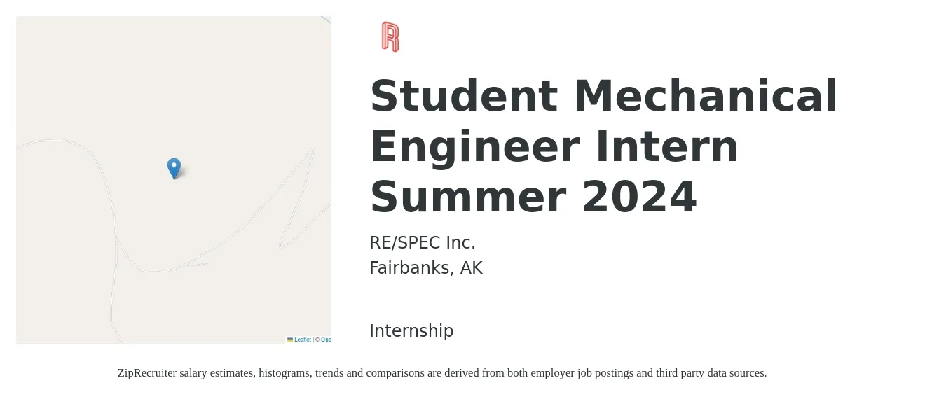 RE/SPEC Inc. job posting for a Student Mechanical Engineer Intern Summer 2024 in Fairbanks, AK with a salary of $19 to $26 Hourly with a map of Fairbanks location.