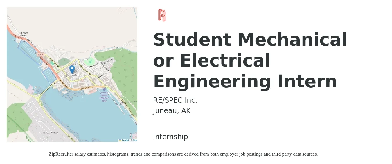 RE/SPEC Inc. job posting for a Student Mechanical or Electrical Engineering Intern in Juneau, AK with a salary of $18 to $23 Hourly with a map of Juneau location.