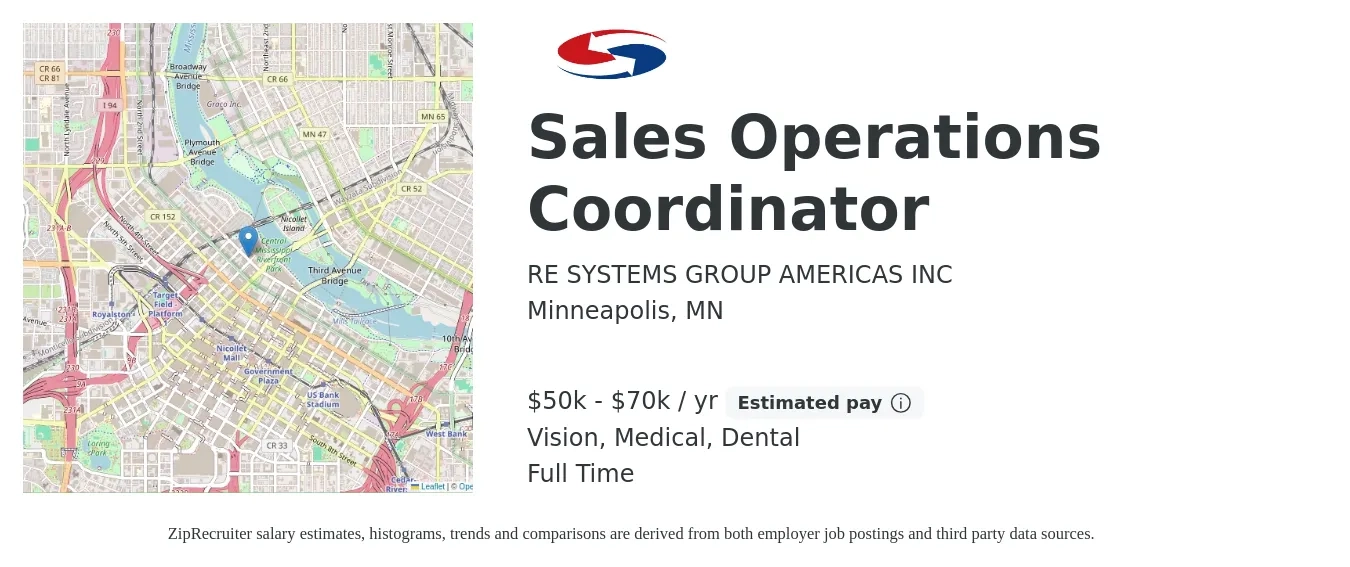 RE SYSTEMS GROUP AMERICAS INC job posting for a Sales Operations Coordinator in Minneapolis, MN with a salary of $50,000 to $70,000 Yearly (plus commission) and benefits including dental, medical, and vision with a map of Minneapolis location.