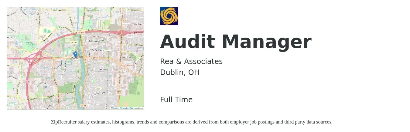 Rea & Associates job posting for a Audit Manager in Dublin, OH with a salary of $100,400 to $131,800 Yearly with a map of Dublin location.