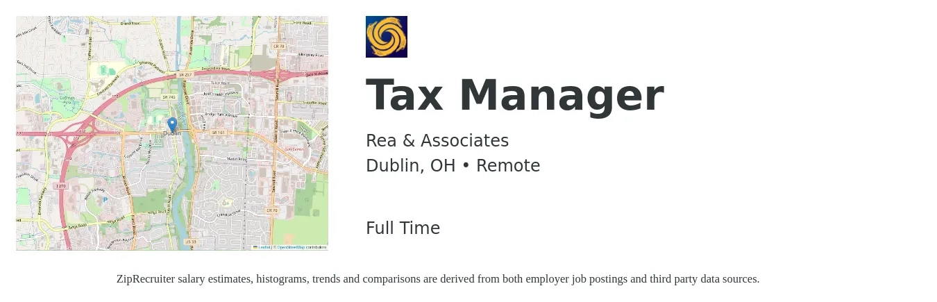 Rea & Associates job posting for a Tax Manager in Dublin, OH with a salary of $107,200 to $140,500 Yearly with a map of Dublin location.