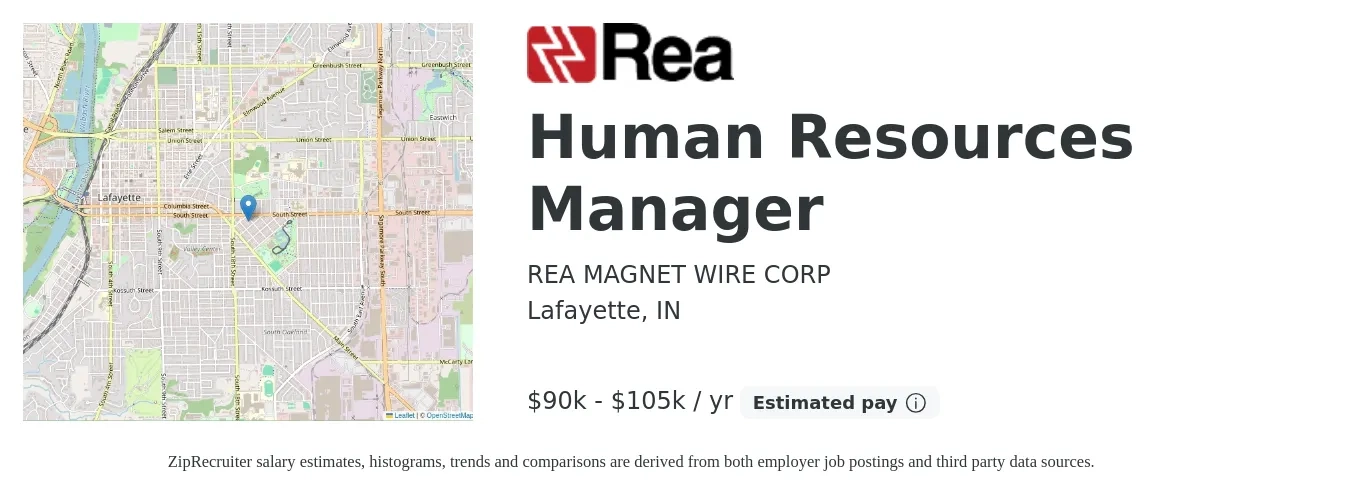 REA MAGNET WIRE CORP job posting for a Human Resources Manager in Lafayette, IN with a salary of $90,000 to $105,000 Yearly with a map of Lafayette location.