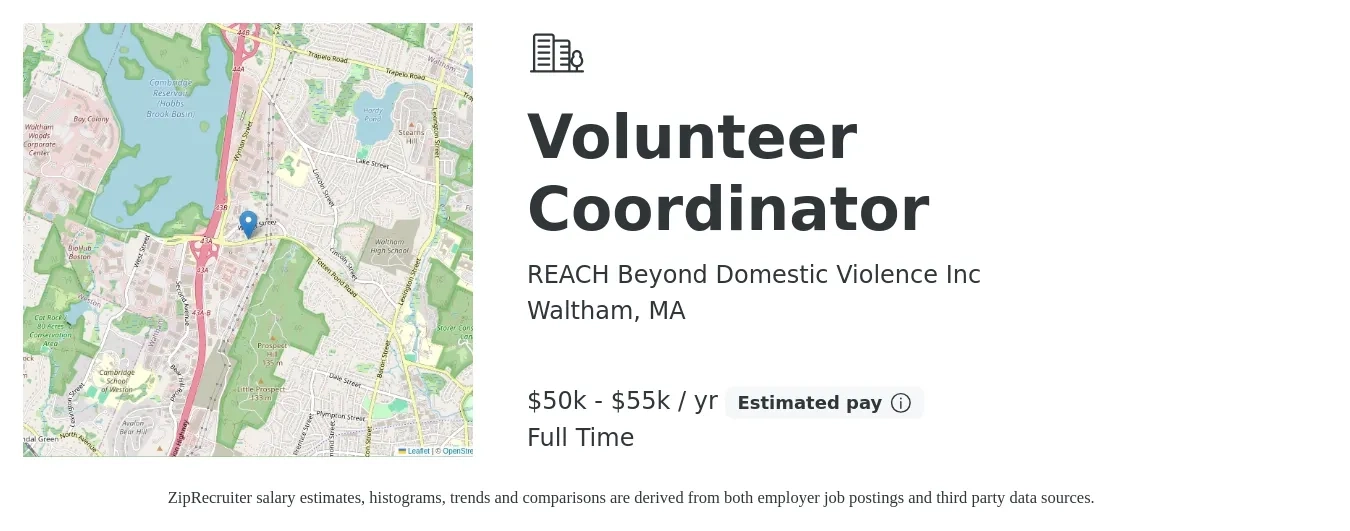 REACH Beyond Domestic Violence Inc job posting for a Volunteer Coordinator in Waltham, MA with a salary of $50,000 to $55,000 Yearly with a map of Waltham location.