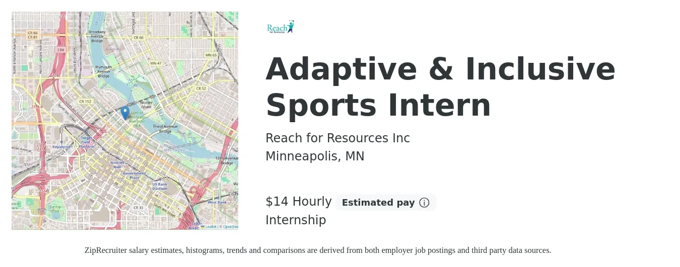 Reach for Resources Inc job posting for a Adaptive & Inclusive Sports Intern in Minneapolis, MN with a salary of $15 Hourly with a map of Minneapolis location.