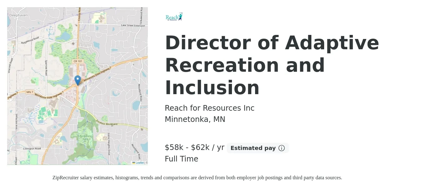 Reach for Resources, Inc job posting for a Director of Adaptive Recreation and Inclusion in Minnetonka, MN with a salary of $58,240 to $62,400 Yearly with a map of Minnetonka location.