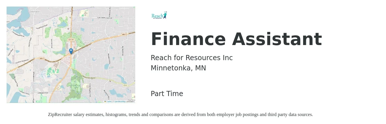 Reach for Resources Inc job posting for a Finance Assistant in Minnetonka, MN with a salary of $19 to $28 Hourly with a map of Minnetonka location.