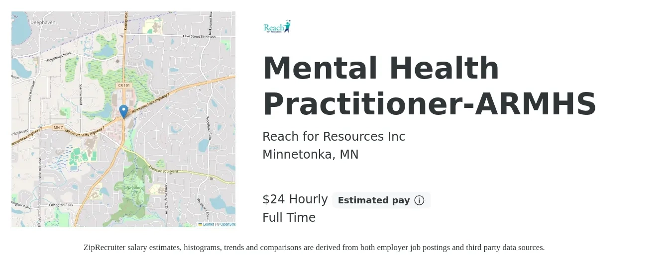 Reach for Resources Inc job posting for a Mental Health Practitioner-ARMHS in Minnetonka, MN with a salary of $24 Hourly with a map of Minnetonka location.