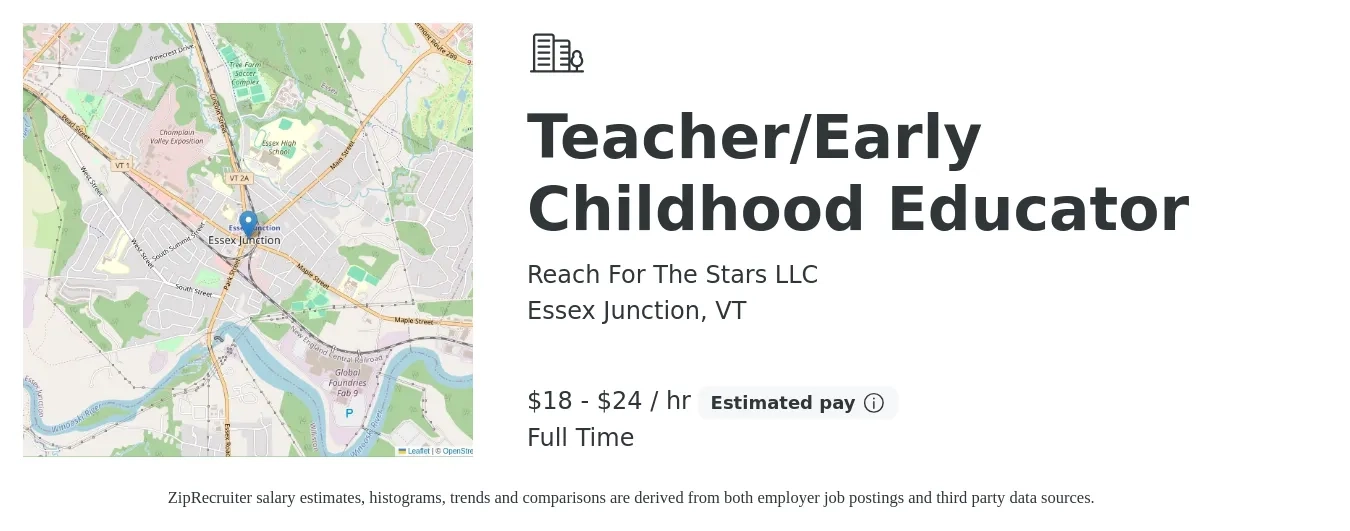 Reach For The Stars LLC job posting for a Teacher/Early Childhood Educator in Essex Junction, VT with a salary of $19 to $25 Hourly with a map of Essex Junction location.