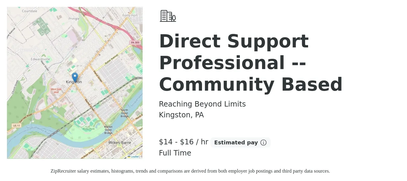 Reaching Beyond Limits job posting for a Direct Support Professional -- Community Based in Kingston, PA with a salary of $16 to $17 Hourly with a map of Kingston location.