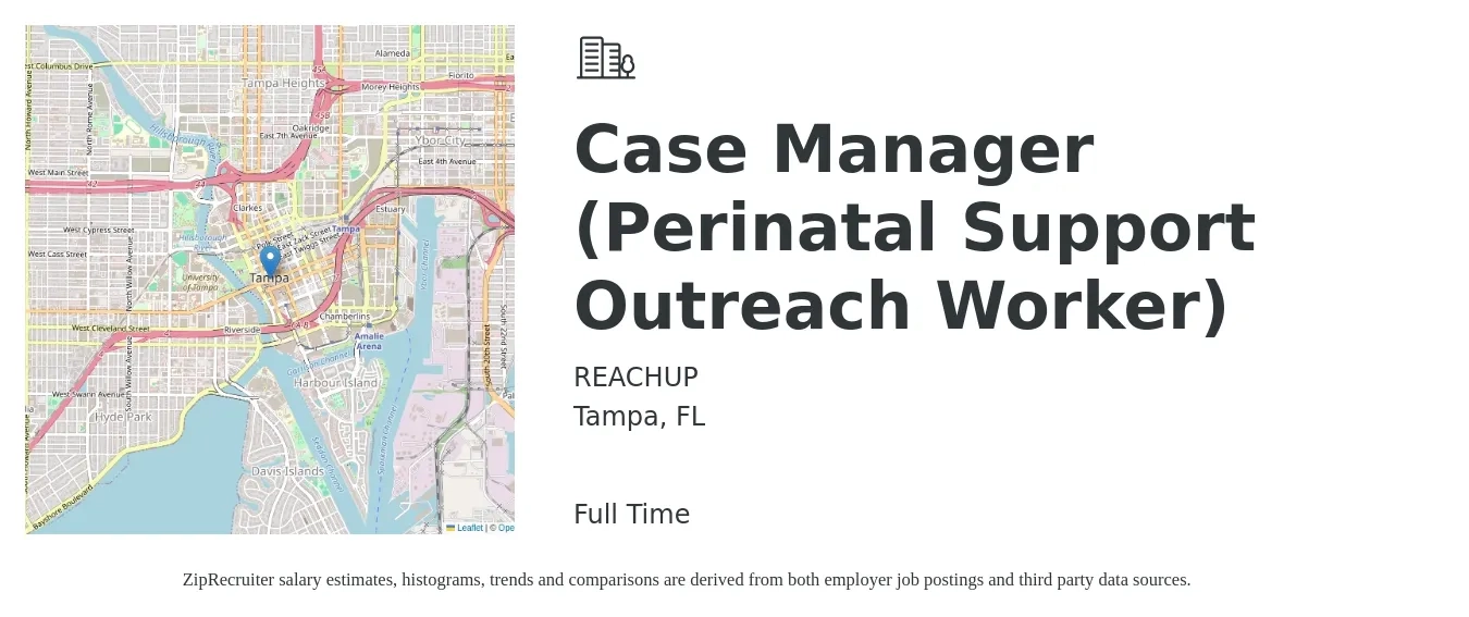 REACHUP job posting for a Case Manager (Perinatal Support Outreach Worker) in Tampa, FL with a salary of $19 to $26 Hourly with a map of Tampa location.
