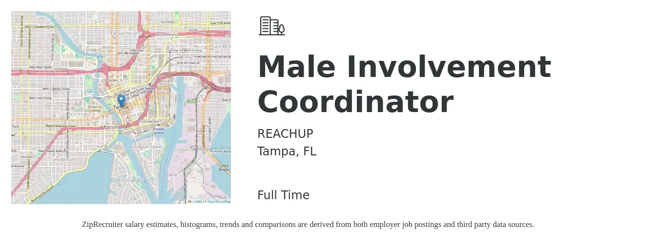 REACHUP job posting for a Male Involvement Coordinator in Tampa, FL with a salary of $18 to $27 Hourly with a map of Tampa location.