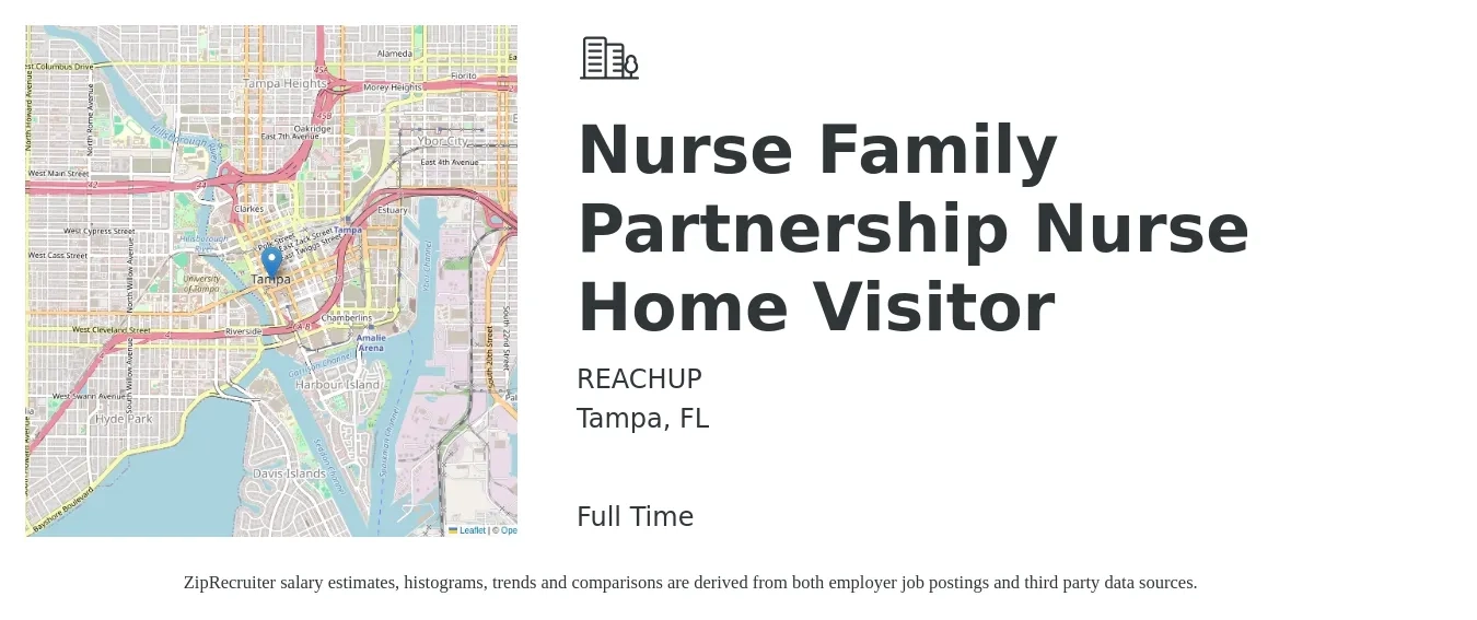 REACHUP job posting for a Nurse Family Partnership Nurse Home Visitor in Tampa, FL with a salary of $29 to $42 Hourly with a map of Tampa location.